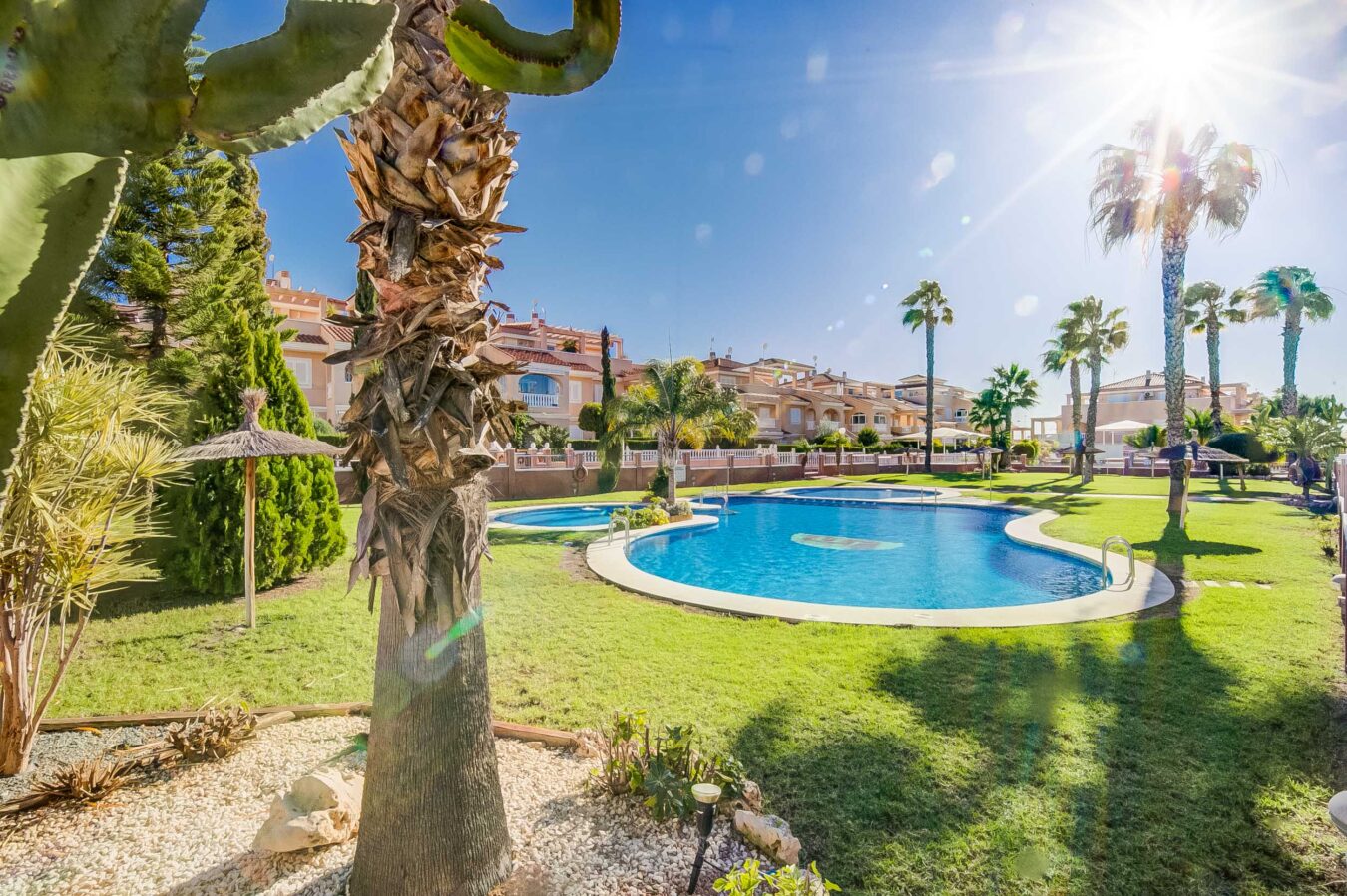 Palm trees and sun-drenched vacation apartments in Zeniamar.|Views of the unique pink waters of Lake Zeniamar