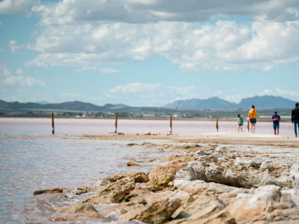 Udsigt til det unikke rosa vand i Zeniamar-søen, med bjerge i horisonten.